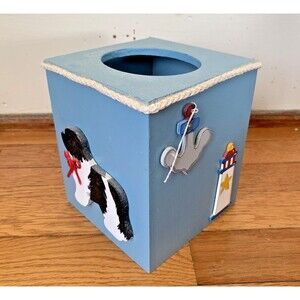 Wooden 3D Tissue Box Ocean Beach Theme Dog Lighthouse 5.5” Cute